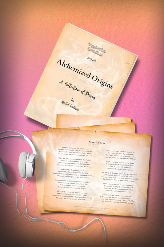 Alchemized Origins printable poetry collection shown as a digital booklet and sample poem pages arranged with lifestyle elements. Instant download for home printing.