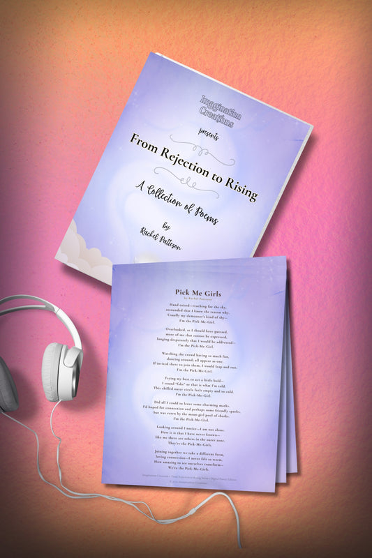From Rejection to Rising printable poetry collection shown as a digital booklet and sample poem pages arranged with lifestyle elements. Instant download for home printing.