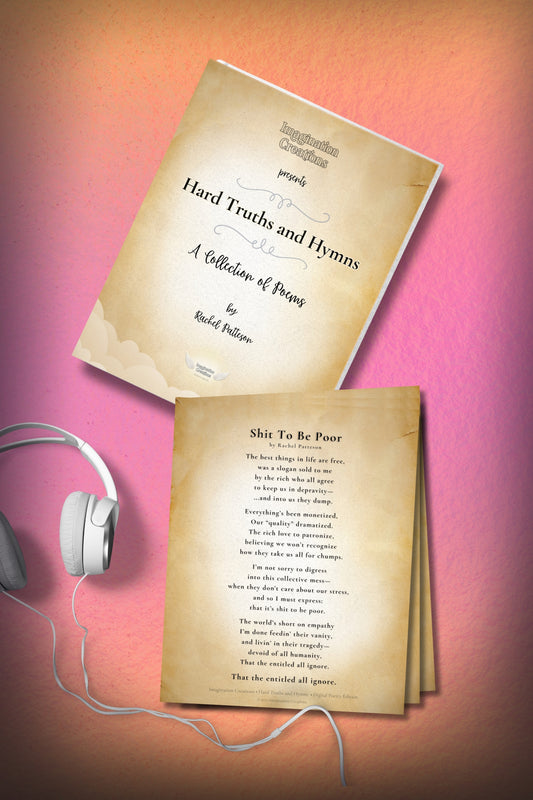 Hard Truths and Hymns printable poetry collection shown as a digital booklet and sample poem pages arranged with lifestyle elements. Instant download for home printing.