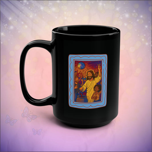 Black mug with a colorful design of a person and children on a gradient background