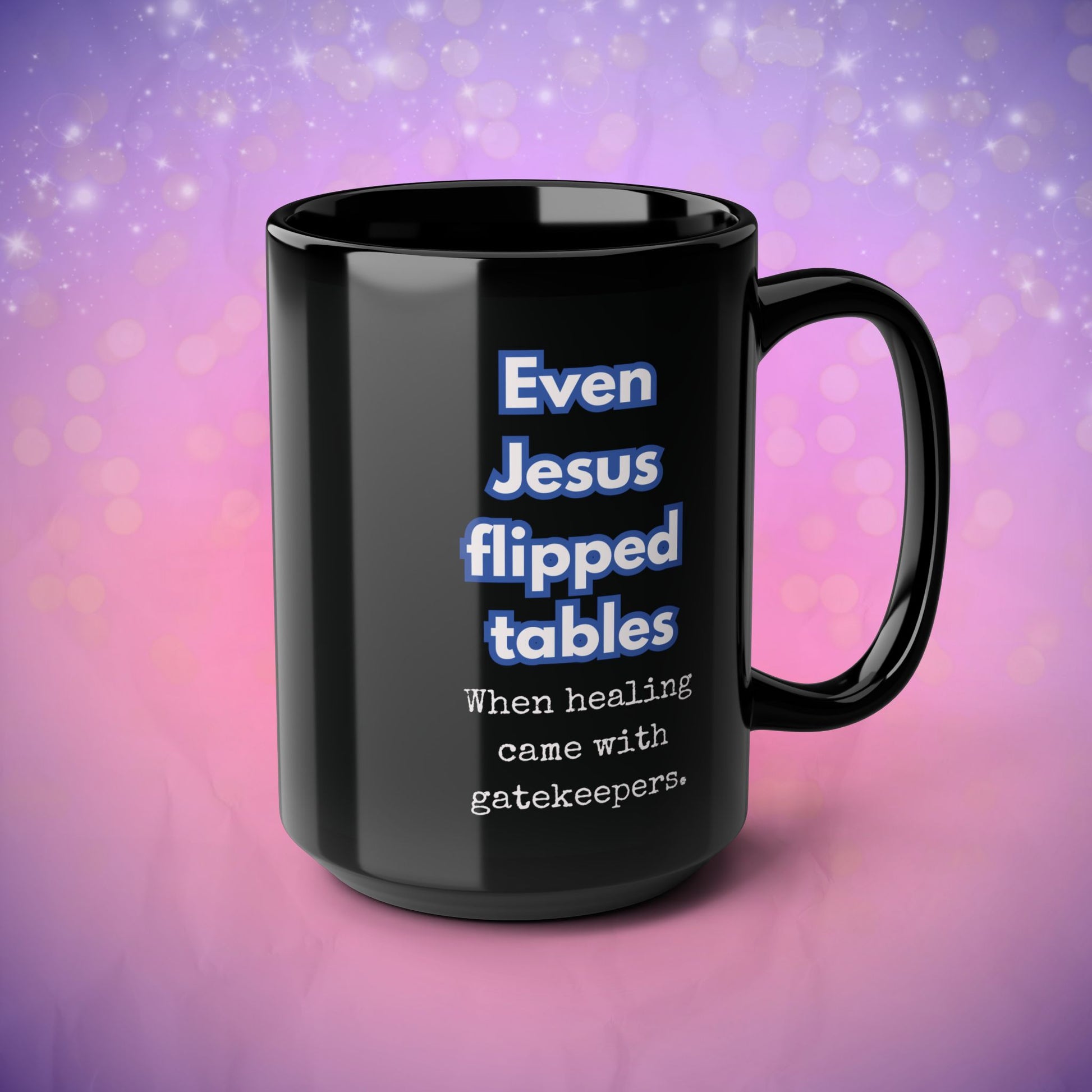 Black mug with humorous text on a gradient purple background