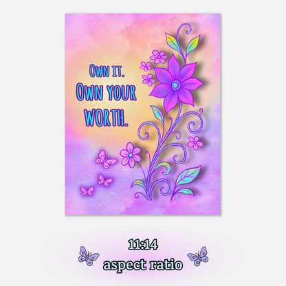 Own Your Worth – Digital Download Floral Butterfly Inspirational Quote Printable Wall Art