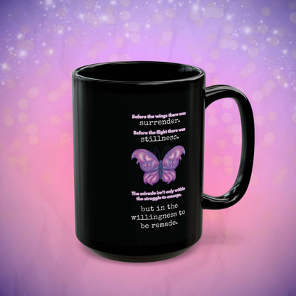 Black mug with a purple butterfly and motivational quote on a pink and purple gradient background