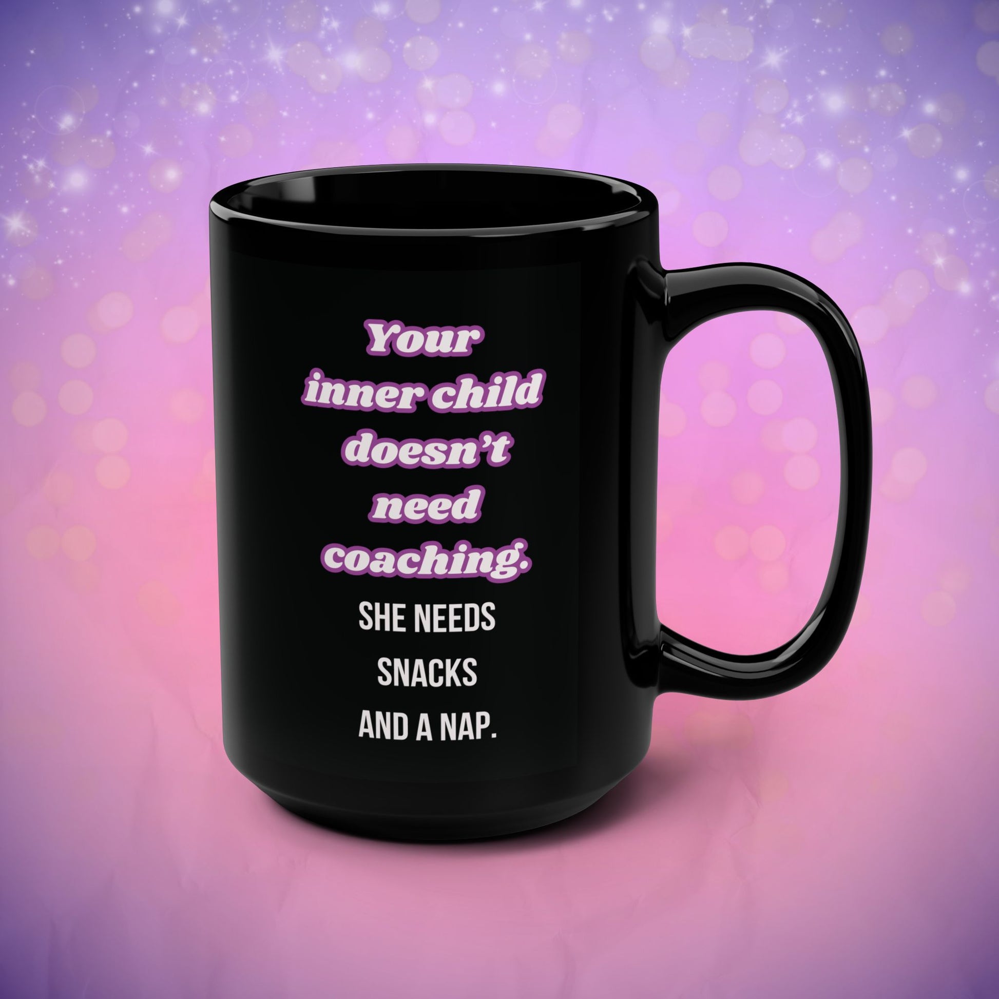 Black mug with humorous text on a purple and pink gradient background