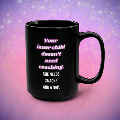 Black mug with humorous text on a purple and pink gradient background