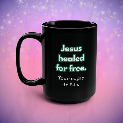Black mug with humorous text on a gradient purple and pink background