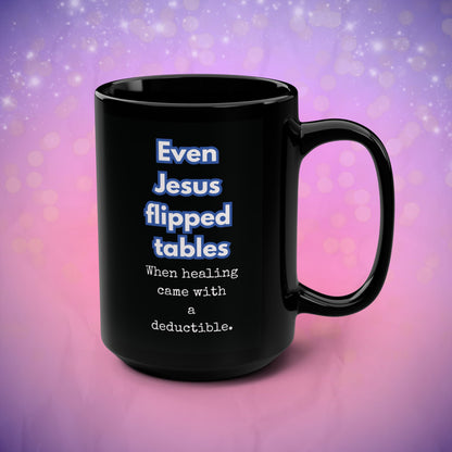 Black mug with humorous text on a purple and pink gradient background