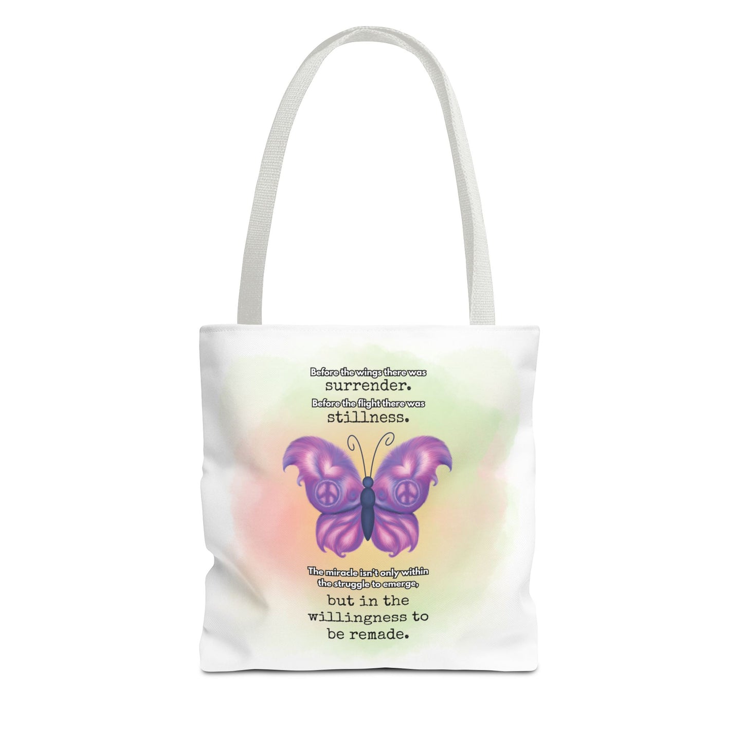 Tote bag with a butterfly design and text on a white background