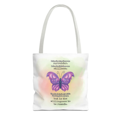 Tote bag with a butterfly design and text on a white background