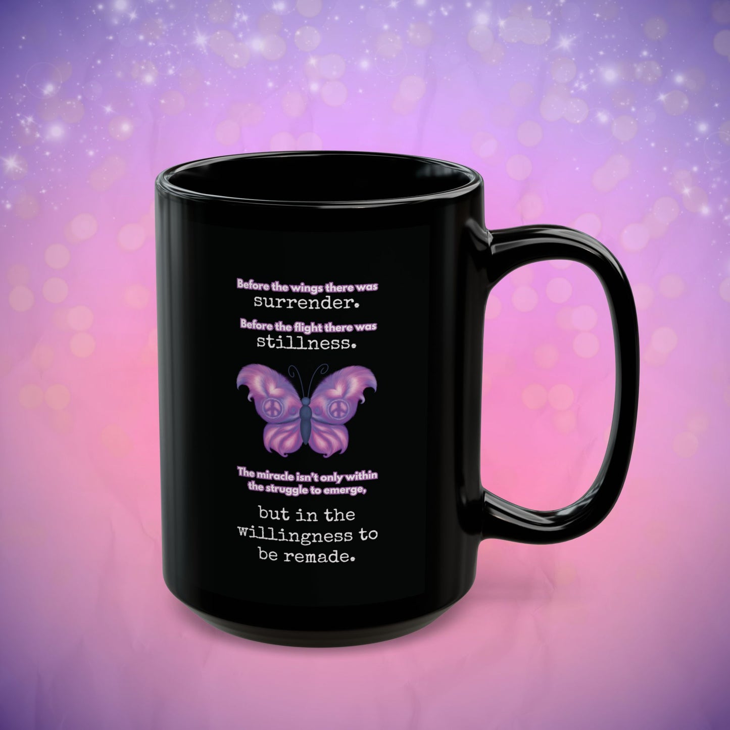 Black mug with a purple butterfly and motivational quote on a purple gradient background