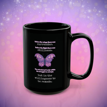 Black mug with a purple butterfly and motivational quote on a purple gradient background