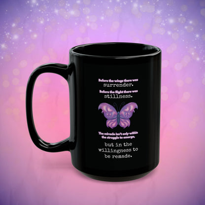 Black mug with a purple butterfly design and motivational quote on a gradient background