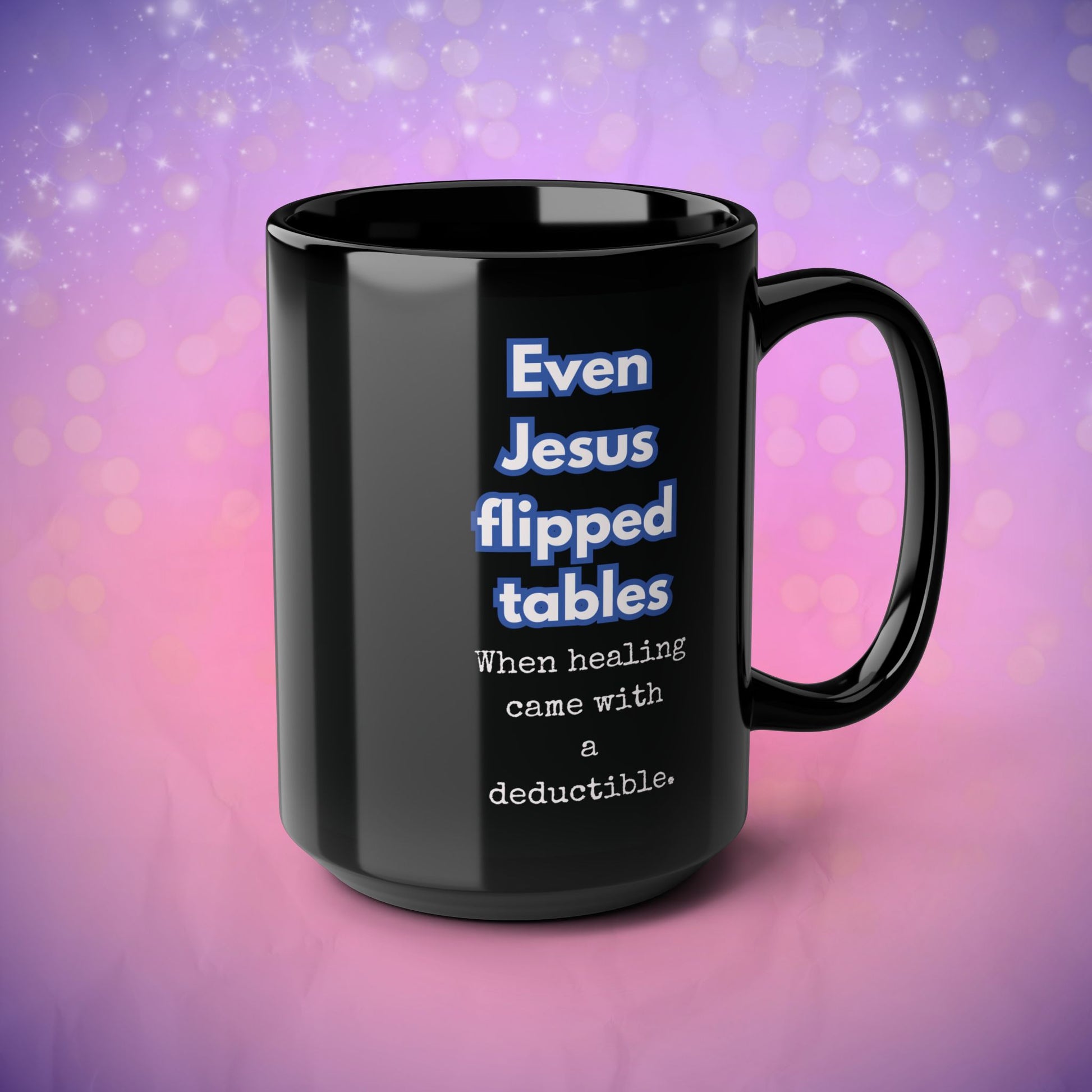 Black mug with humorous text on a purple background