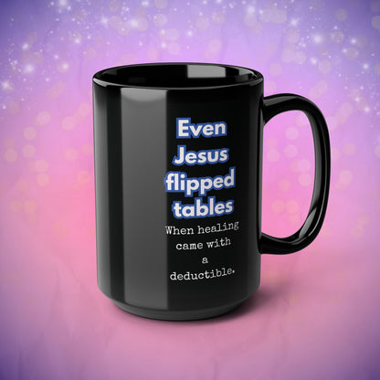 Black mug with humorous text on a purple background