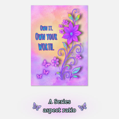 Own Your Worth – Digital Download Floral Butterfly Inspirational Quote Printable Wall Art