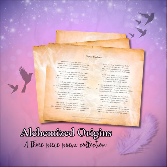 Alchemized Origins three-poem printable collection displayed in a stylized promotional layout. Digital download artwork for printing at home or professionally.