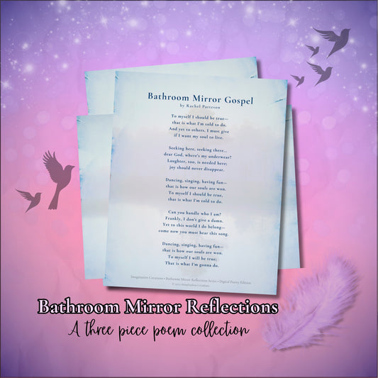 Bathroom Mirror Gospel three-poem printable collection displayed in a stylized promotional layout. Digital download artwork for printing at home or professionally.