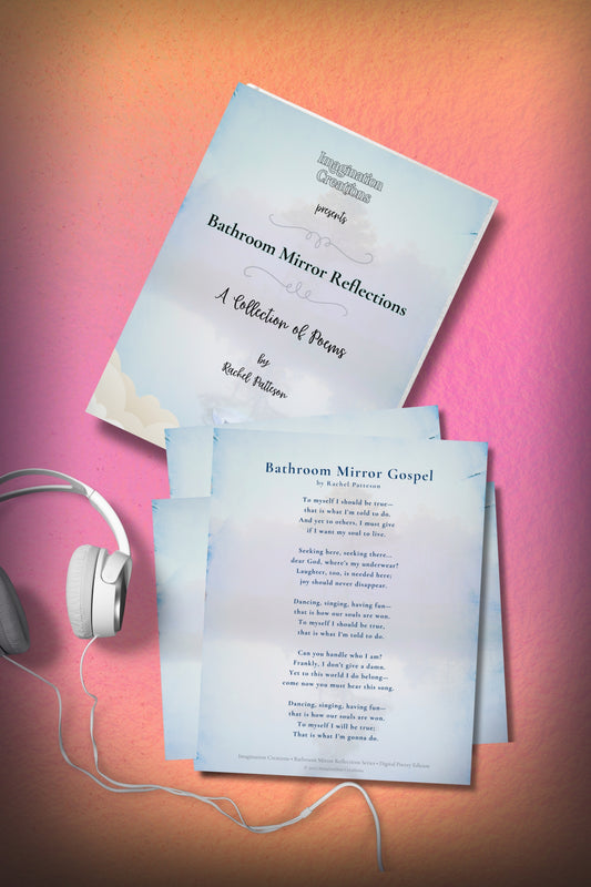 Bathroom Mirror Reflections printable poetry collection shown as a digital booklet and sample poem pages arranged with lifestyle elements. Instant download for home printing.