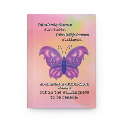 Butterfly with peace signs on a pink and orange gradient background with motivational quote.