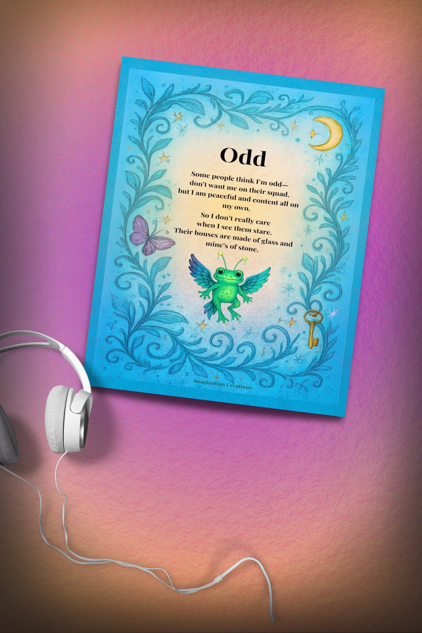 Whimsical blue art print titled “Odd” featuring an illustrated frog with wings, moon, and key within a fantasy vine border; playful poetic wall art by Imagination Creations.