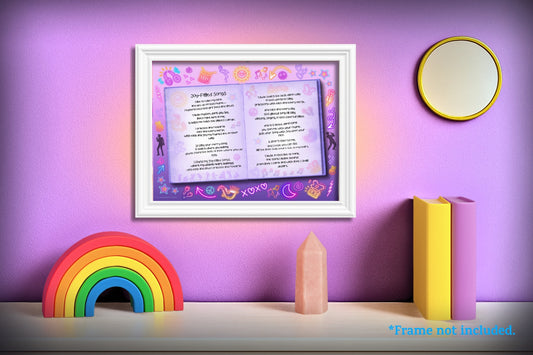 Framed poetic art print titled “Joy-Filled Songs” displayed on a purple wall with colorful icons, rainbow décor, and a white frame; joyful, kid-friendly printable wall art from Imagination Creations.