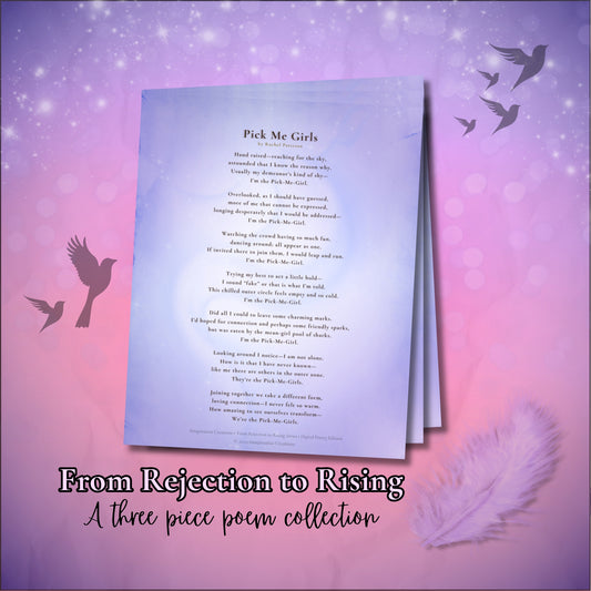 From Rejection to Rising three-poem printable collection displayed in a stylized promotional layout. Digital download artwork for printing at home or professionally.