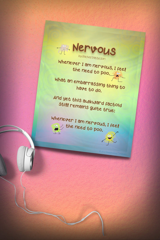 Colorful printable children's poster with humorous text and cartoon characters on a gradient background, next to white headphones.
