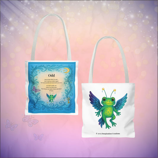 Two whimsical tote bags displayed on a soft pink and lavender background with sparkles and butterflies. The left tote features the poem “Odd” surrounded by blue floral borders, a crescent moon, and a tiny winged frog-bird creature. The right tote shows the same green frog-bird character with purple and blue wings, smiling against a white background. Both totes are from Imagination Creations.