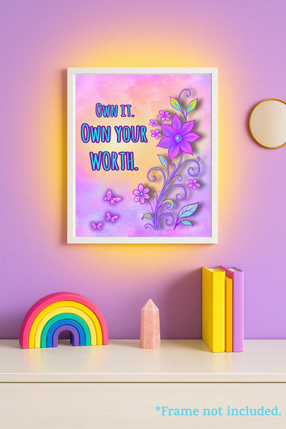 Own Your Worth – Digital Download Floral Butterfly Inspirational Quote Printable Wall Art