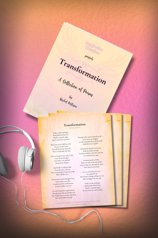 Transformation printable poetry collection shown as a digital booklet and sample poem pages arranged with lifestyle elements. Instant download for home printing.