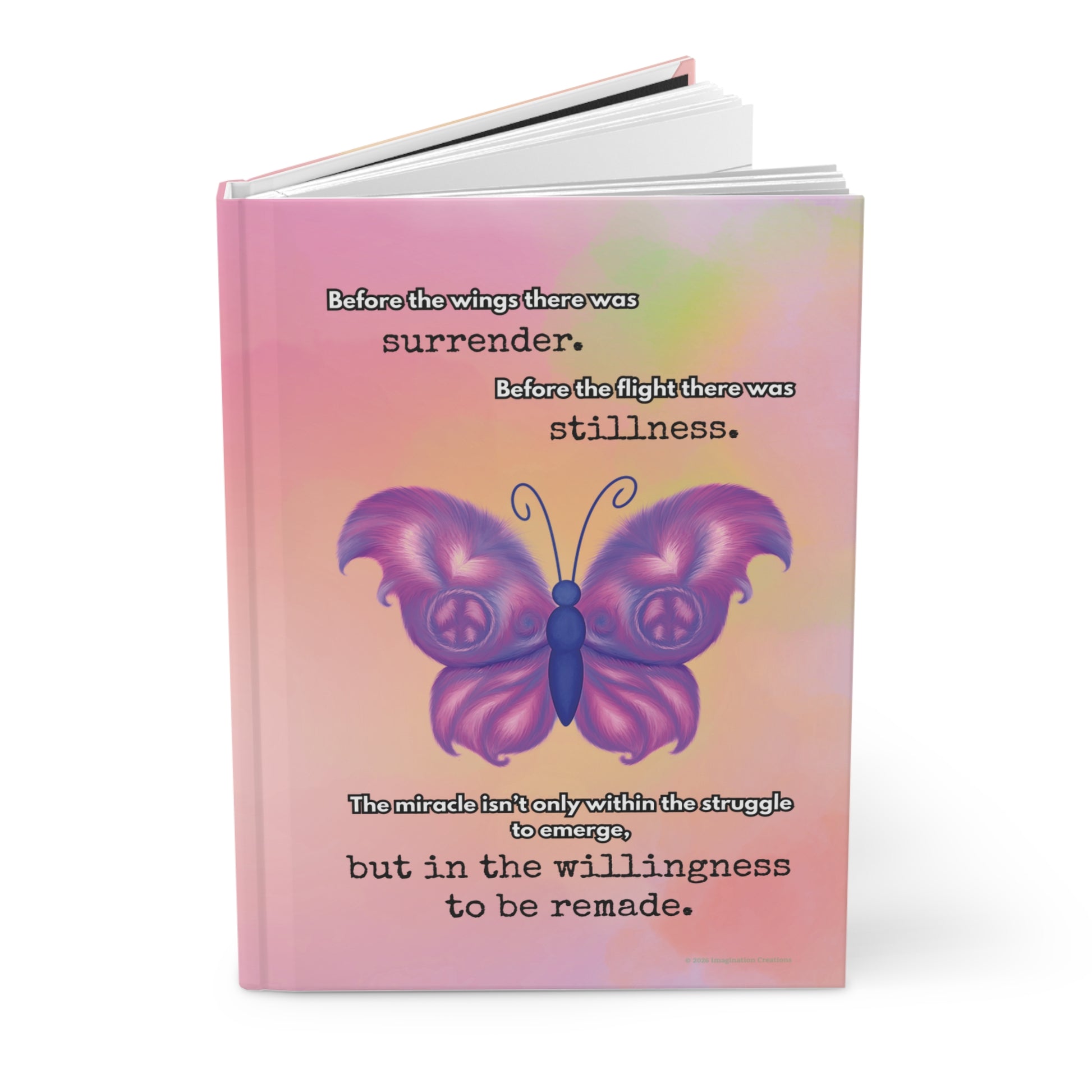 Book with a butterfly design and motivational quote on a pink background
