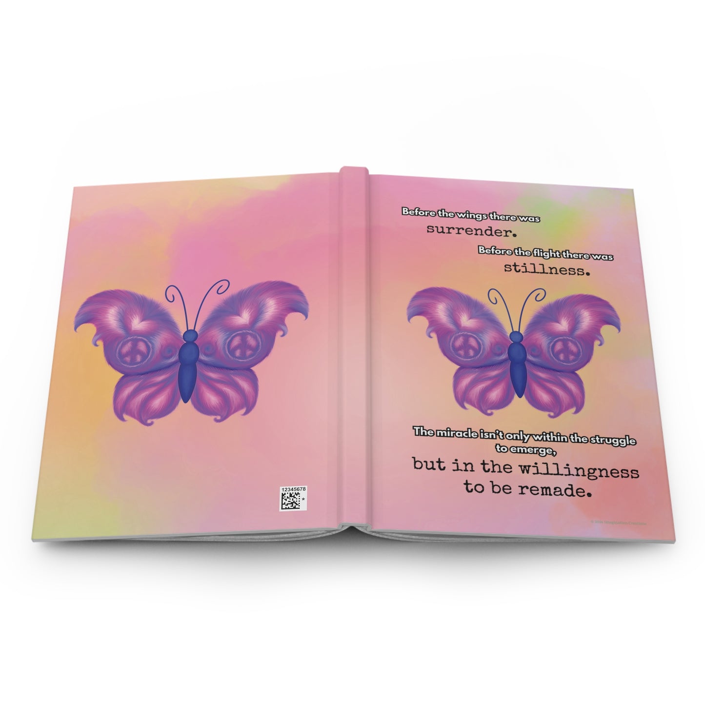 Open book with purple butterfly illustration and motivational text on a pink and yellow gradient background