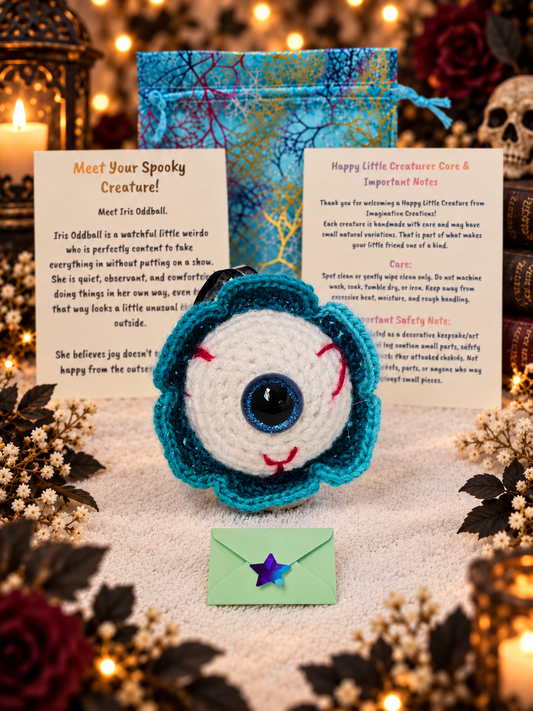 Handmade crochet eyeball creature named Iris Oddball with a teal scalloped border holding a mystery message envelope with a purple star.