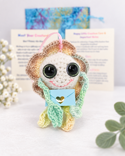 Handmade crochet marigold flower creature named Mellow Marigold holding a small light blue mystery message envelope.