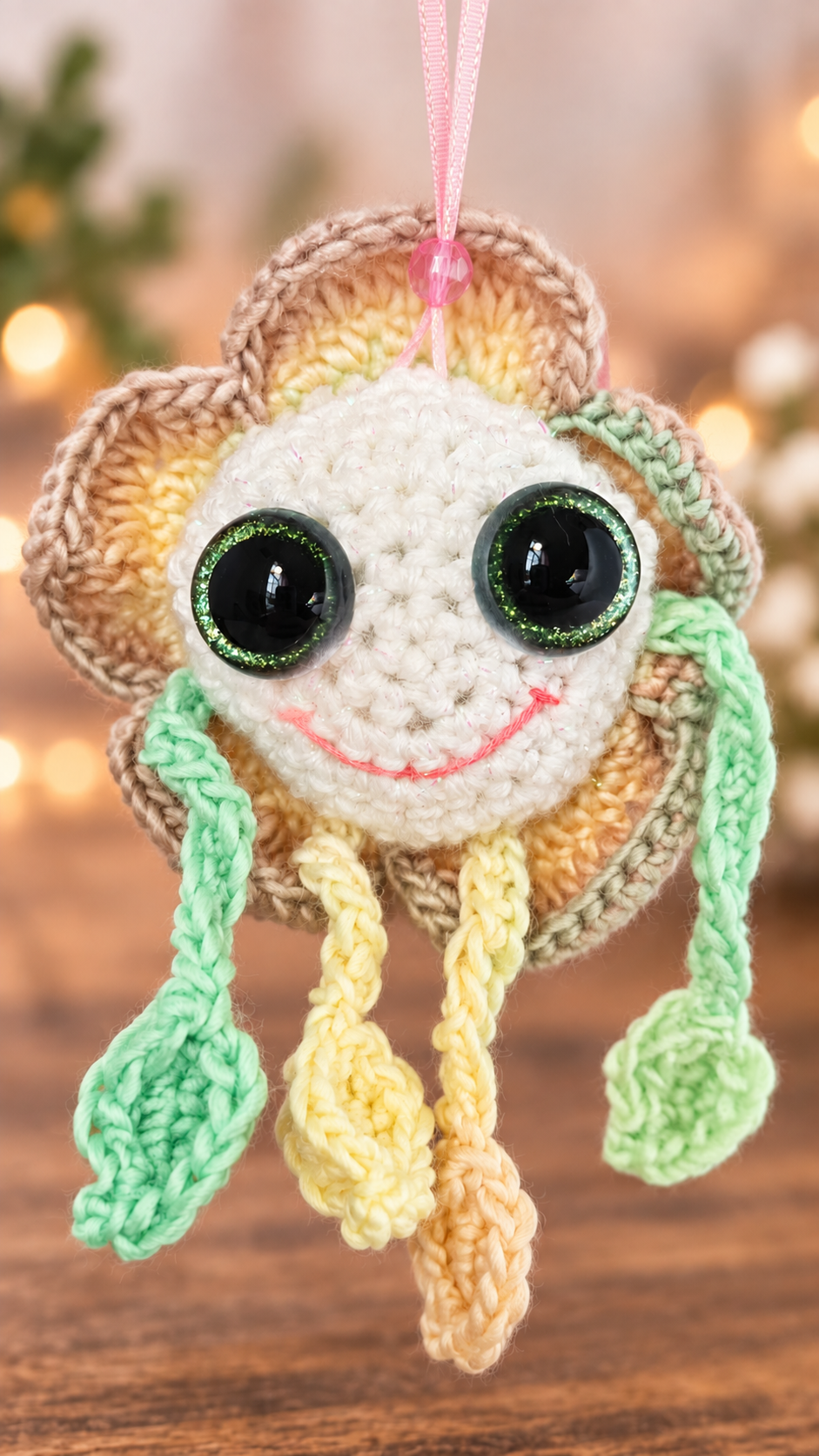 Front view of Mellow Marigold hanging in natural sunlight displaying his bright stitched smile and green limbs.