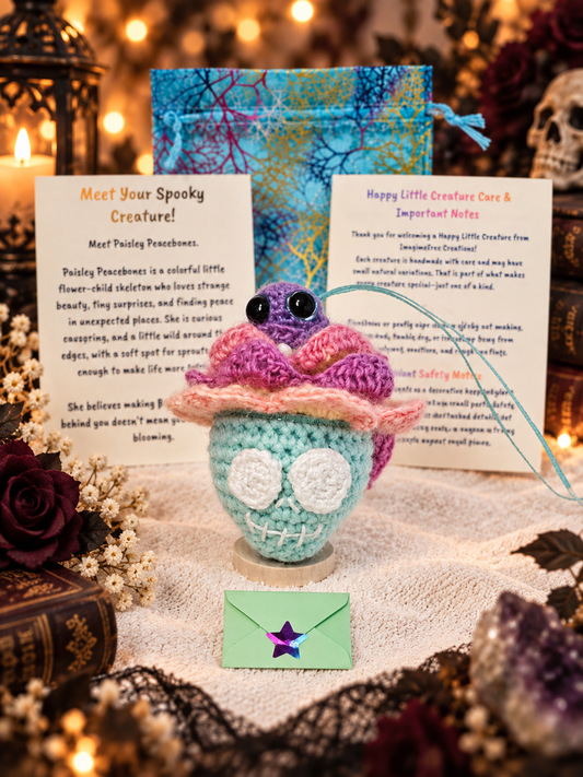 Handmade mint green crochet skeleton creature named Paisley Peacebones wearing a colorful flower headpiece and holding a mystery message envelope with a purple star.
