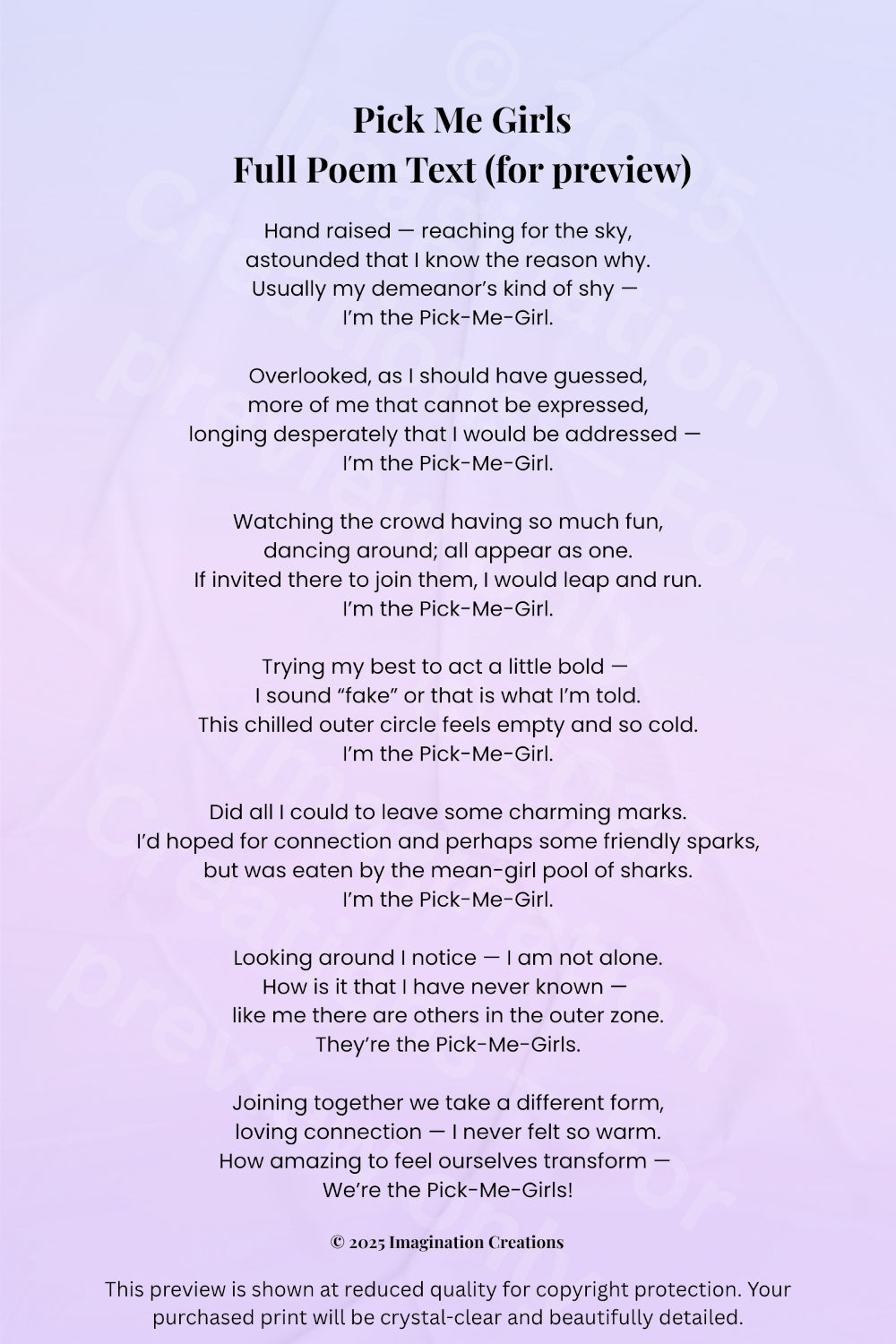 Text poem titled 'Pick Me Girls' on a purple background