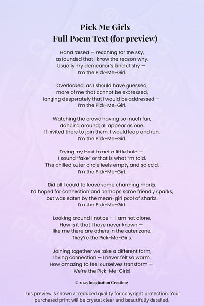 Text poem titled 'Pick Me Girls' on a purple background