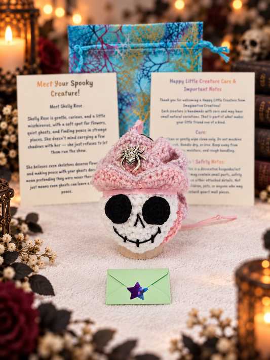 Handmade crochet skeleton creature named Skelly Rose with a pink flower crown holding a small mystery message envelope with a purple star.