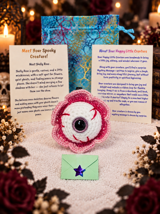 Handmade crochet eyeball creature named Wanda Winkless with layered pink flower petals holding a mystery message envelope with a purple star.